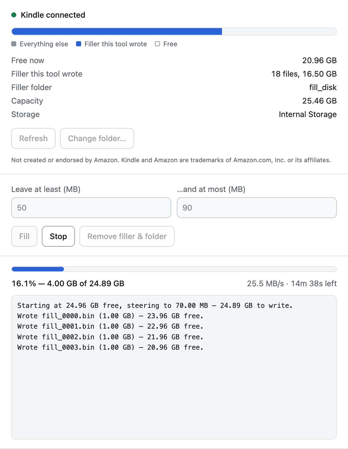The KindleFill window on macOS, showing the connected Kindle's storage being filled and a stop control.