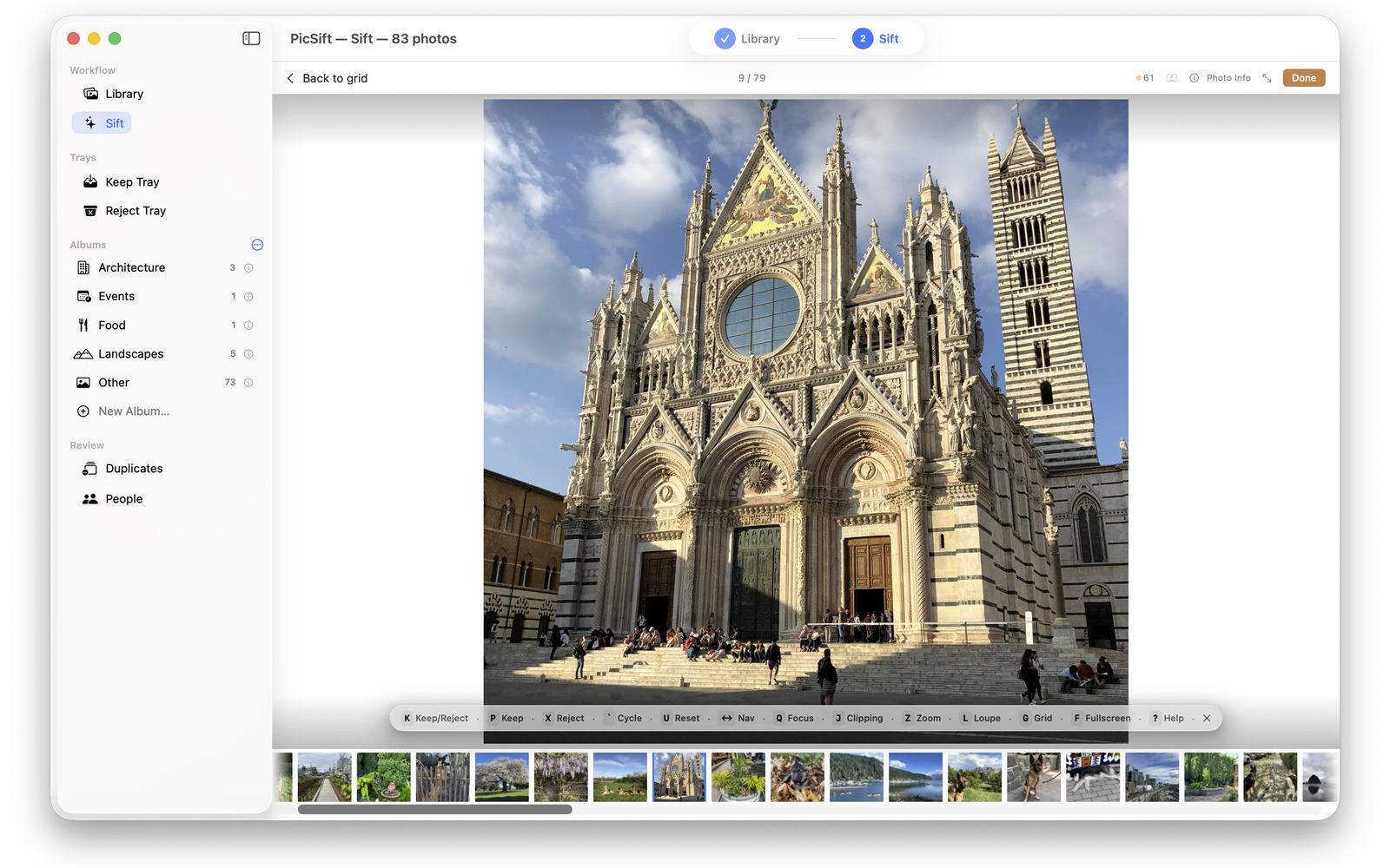 A single photograph filling the PicSift window in review, with the rest of the run waiting as thumbnails along the bottom.